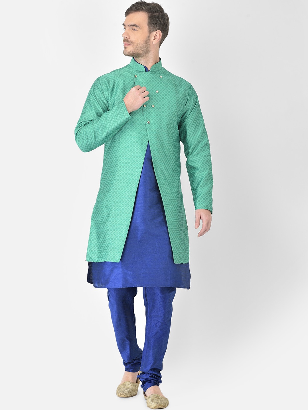 

SG RAJASAHAB Men Blue Raw Silk Kurta Churidar with Jacket