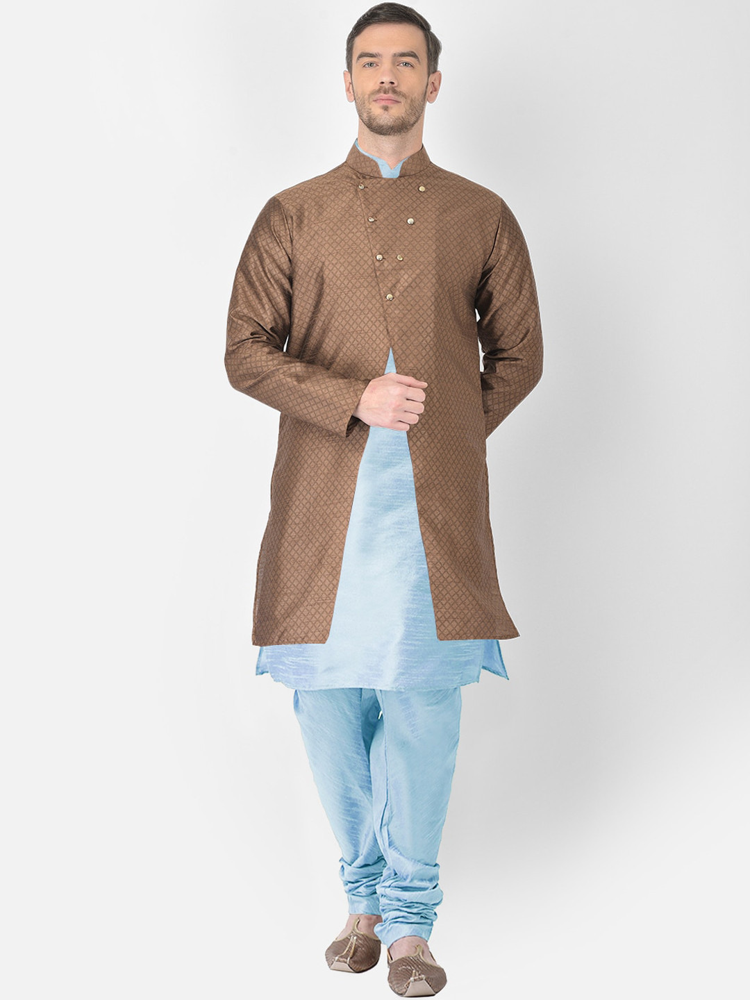 

SG RAJASAHAB Men Turquoise Blue Raw Silk Kurta with Churidar & Jacket