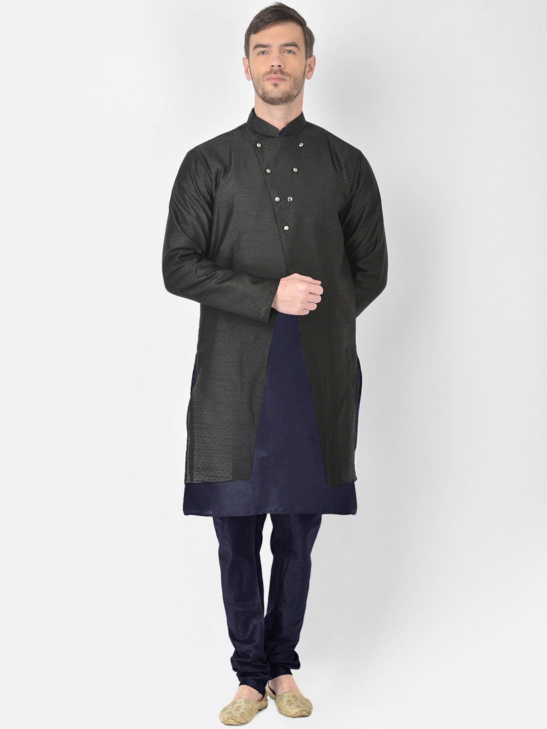 

SG RAJASAHAB Men Navy Blue Raw Silk Kurta with Churidar & Jacket