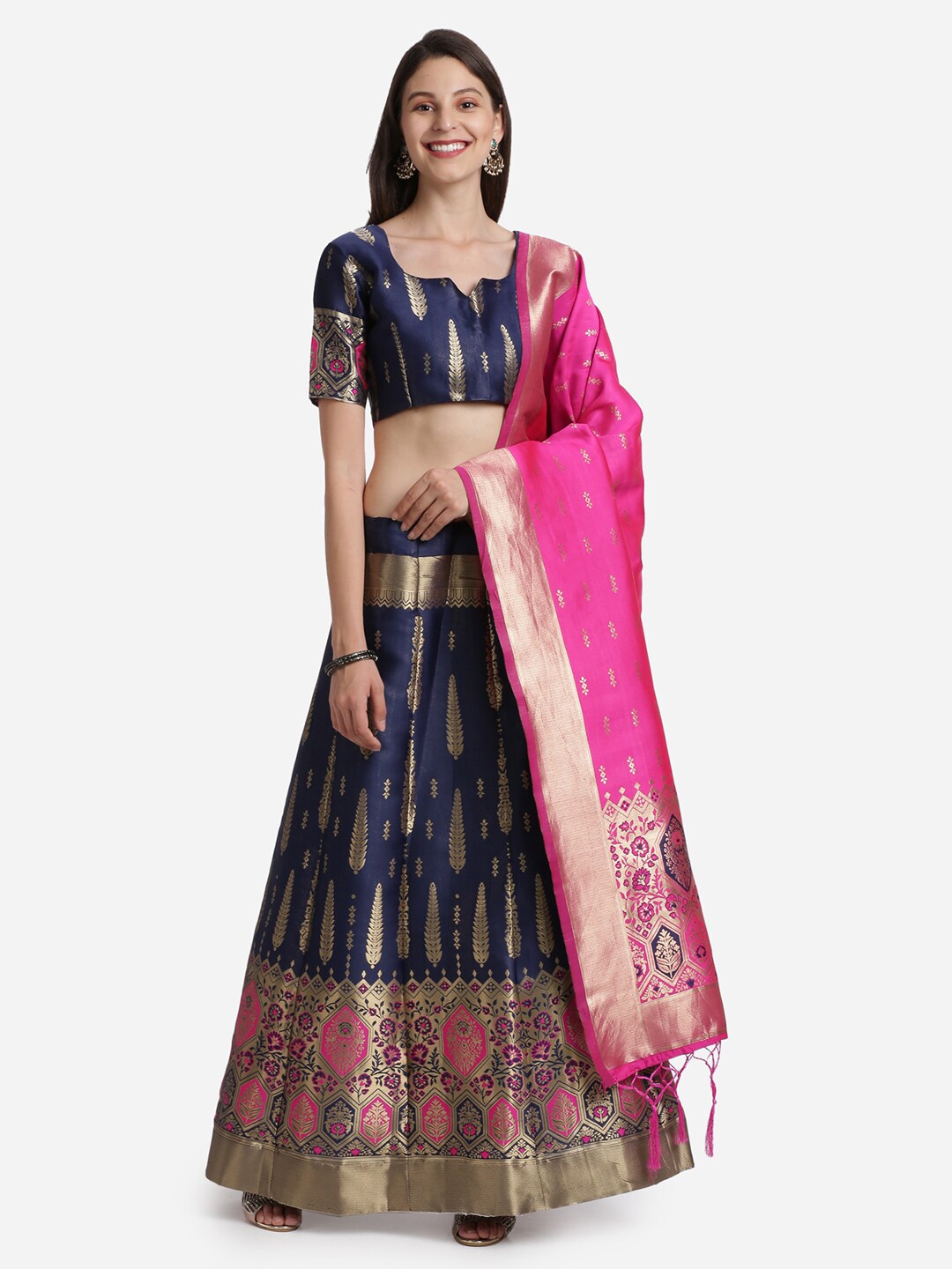 

Mitera Navy Blue & Pink Kalamkari Raw Silk Semi-Stitched Lehenga Choli With Dupatta