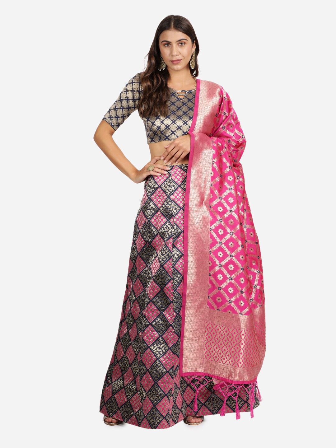 

Mitera Pink & Navy Blue Woven Design Semi-Stitched Lehenga & Unstitched Blouse & Dupatta