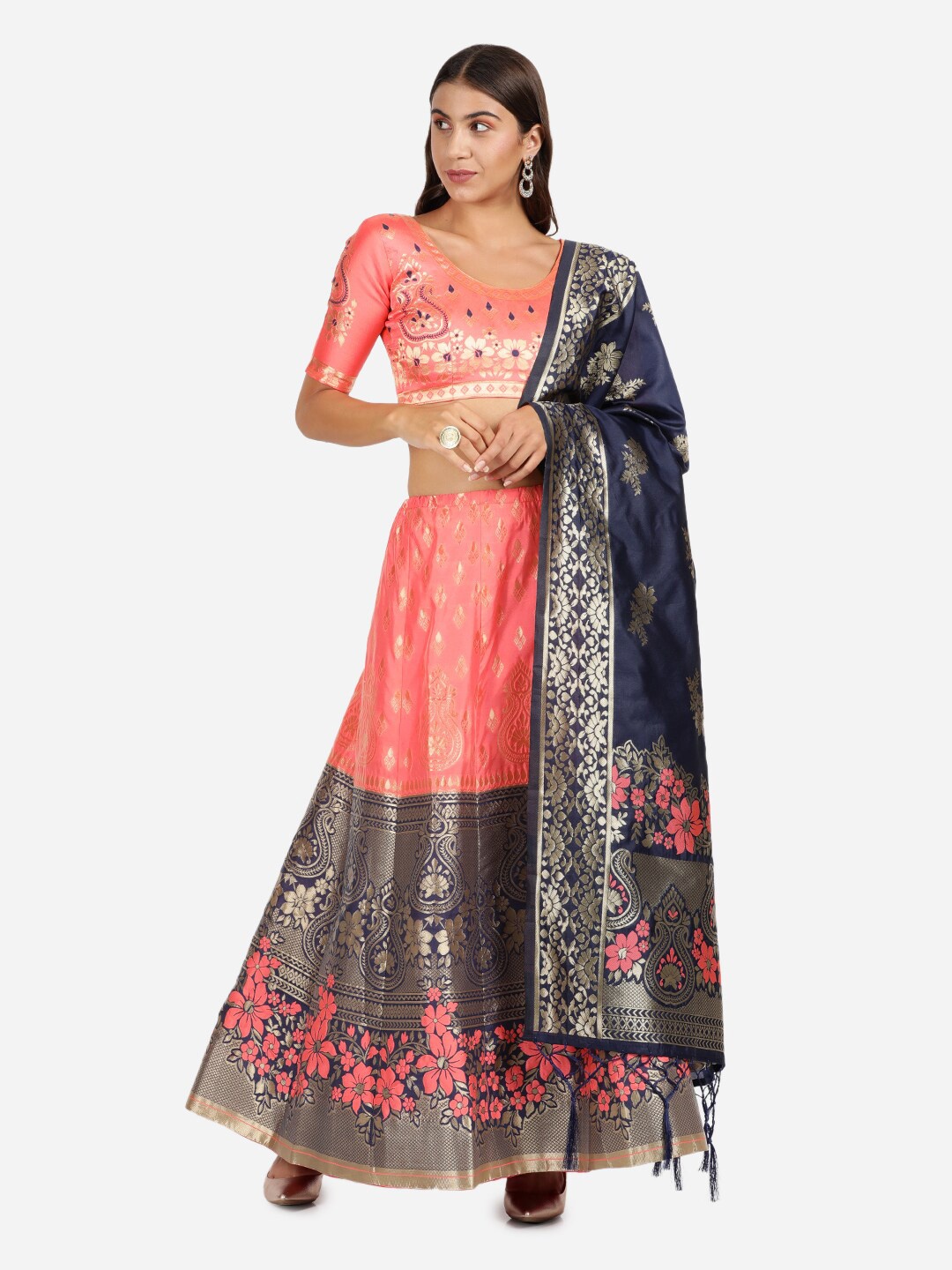 

Mitera Women Pink & Navy Blue Semi-Stitched Lehenga & Unstitched Blouse with Dupatta