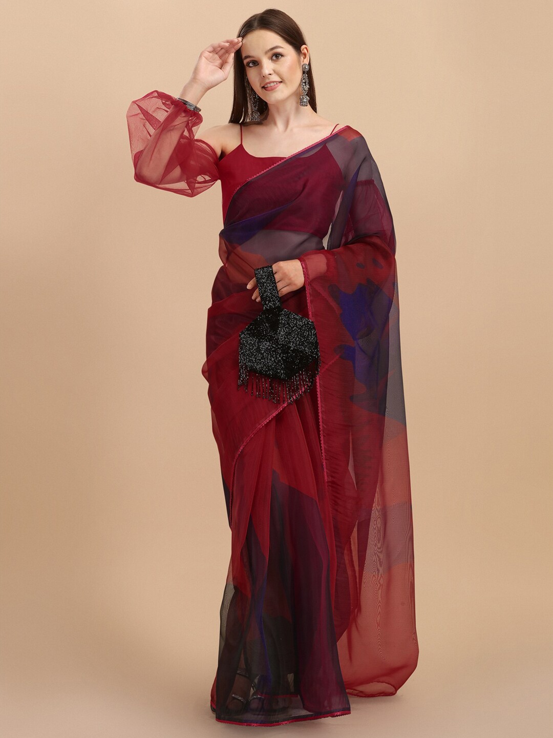 

Sangria Red & Violet Tie and Dye Organza Saree