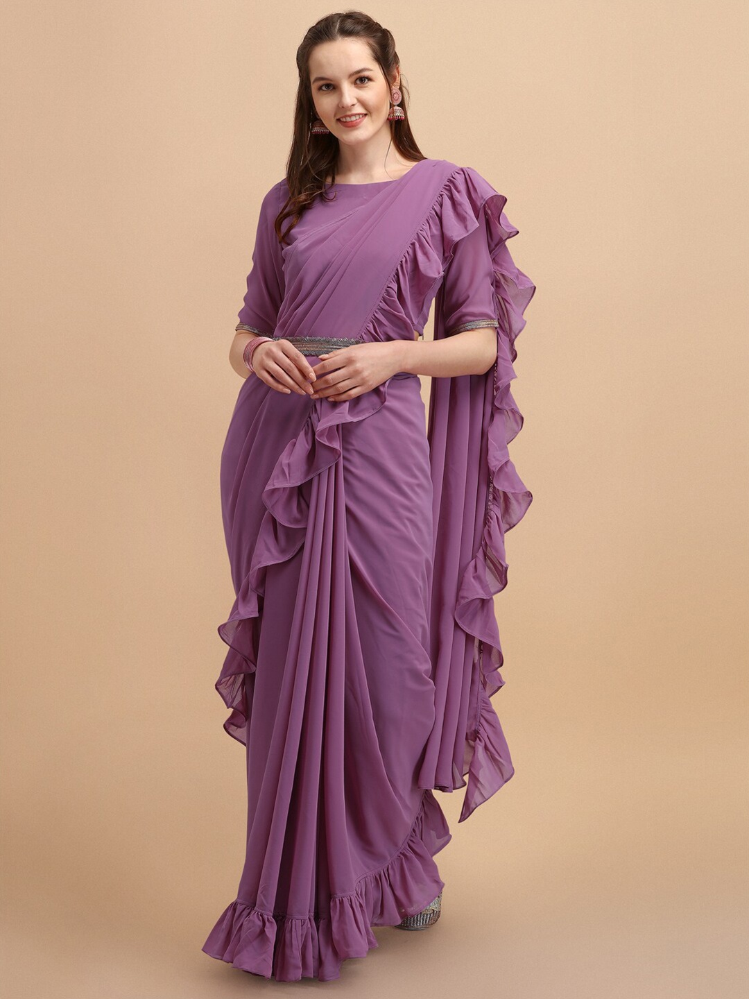 

Sangria Purple Ruffle Saree With Embellished belt