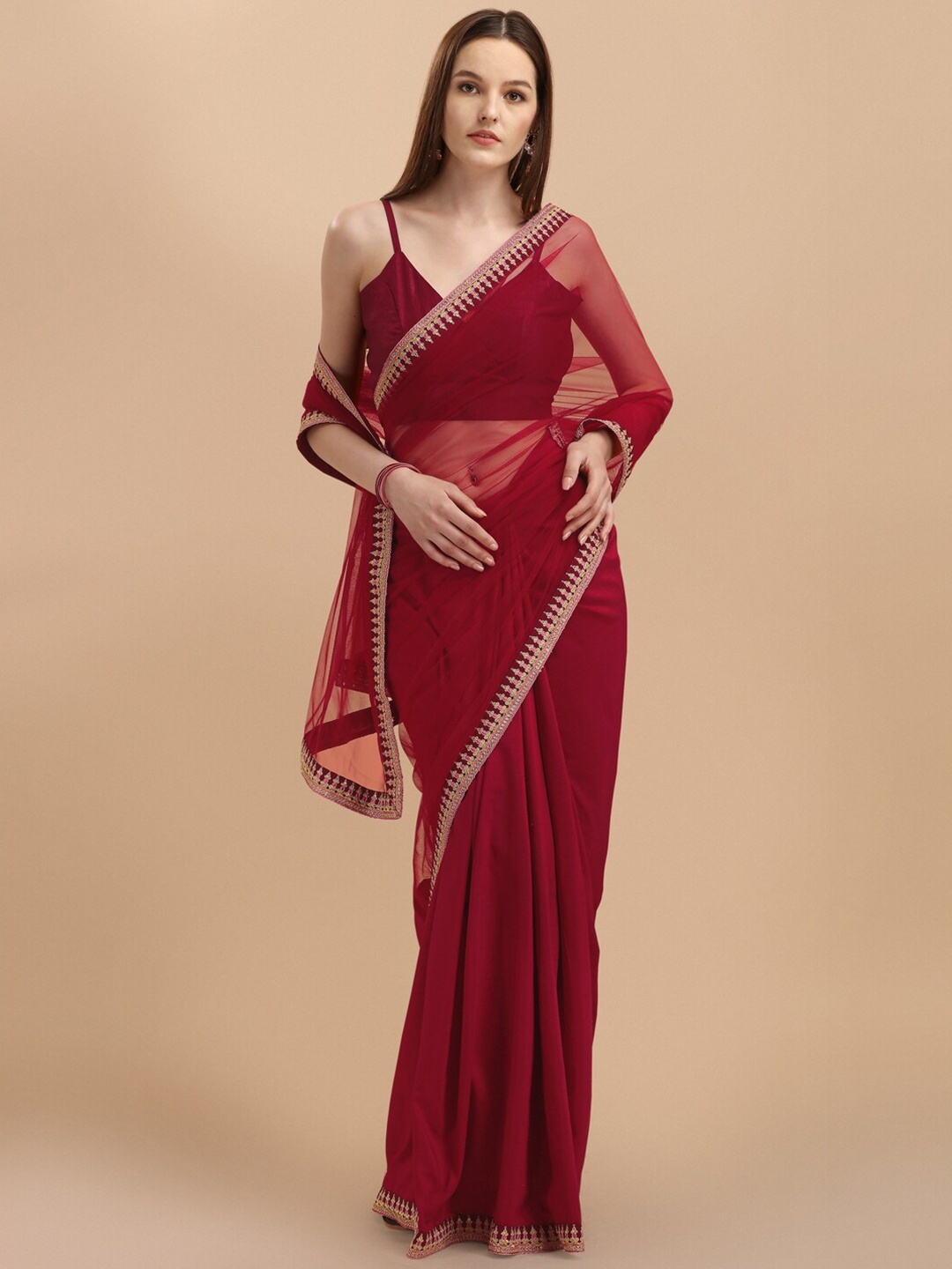

Sangria Maroon & Gold-Toned Emboidered Border Net Saree