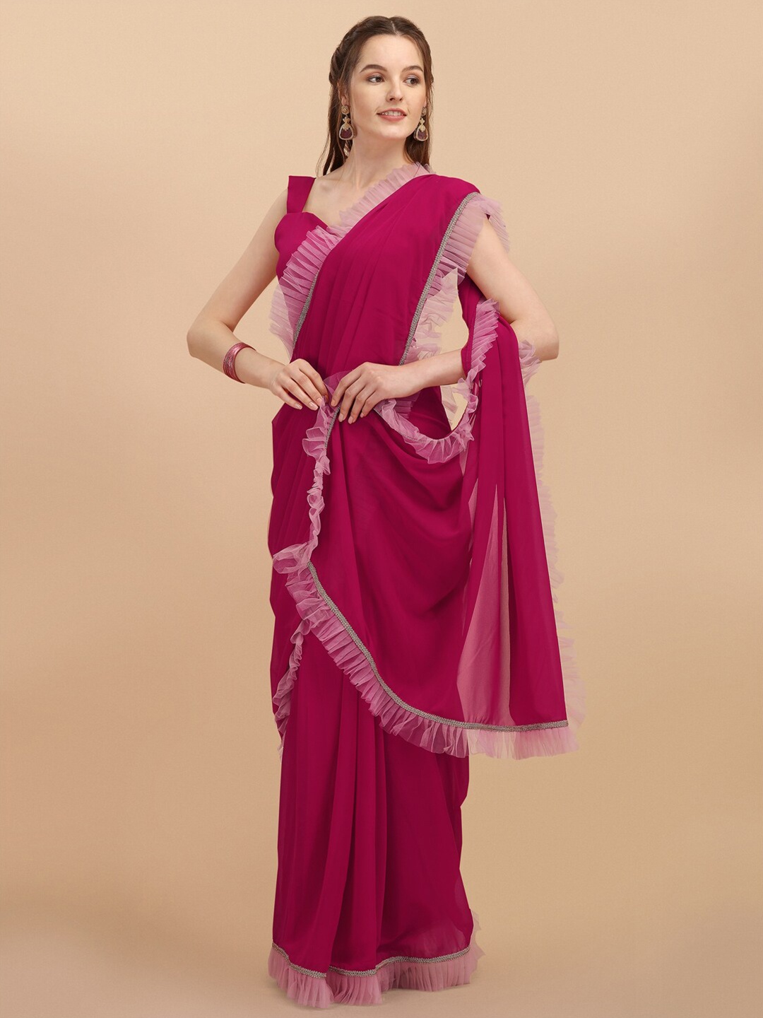 

Sangria Pink & Purple Solid Ruffles Saree