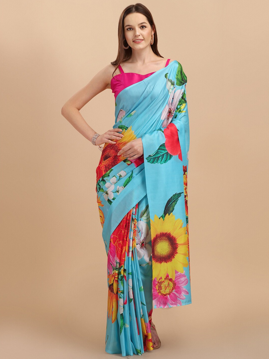 

Sangria Blue & Yellow Floral Digital Print Silk Blend Saree