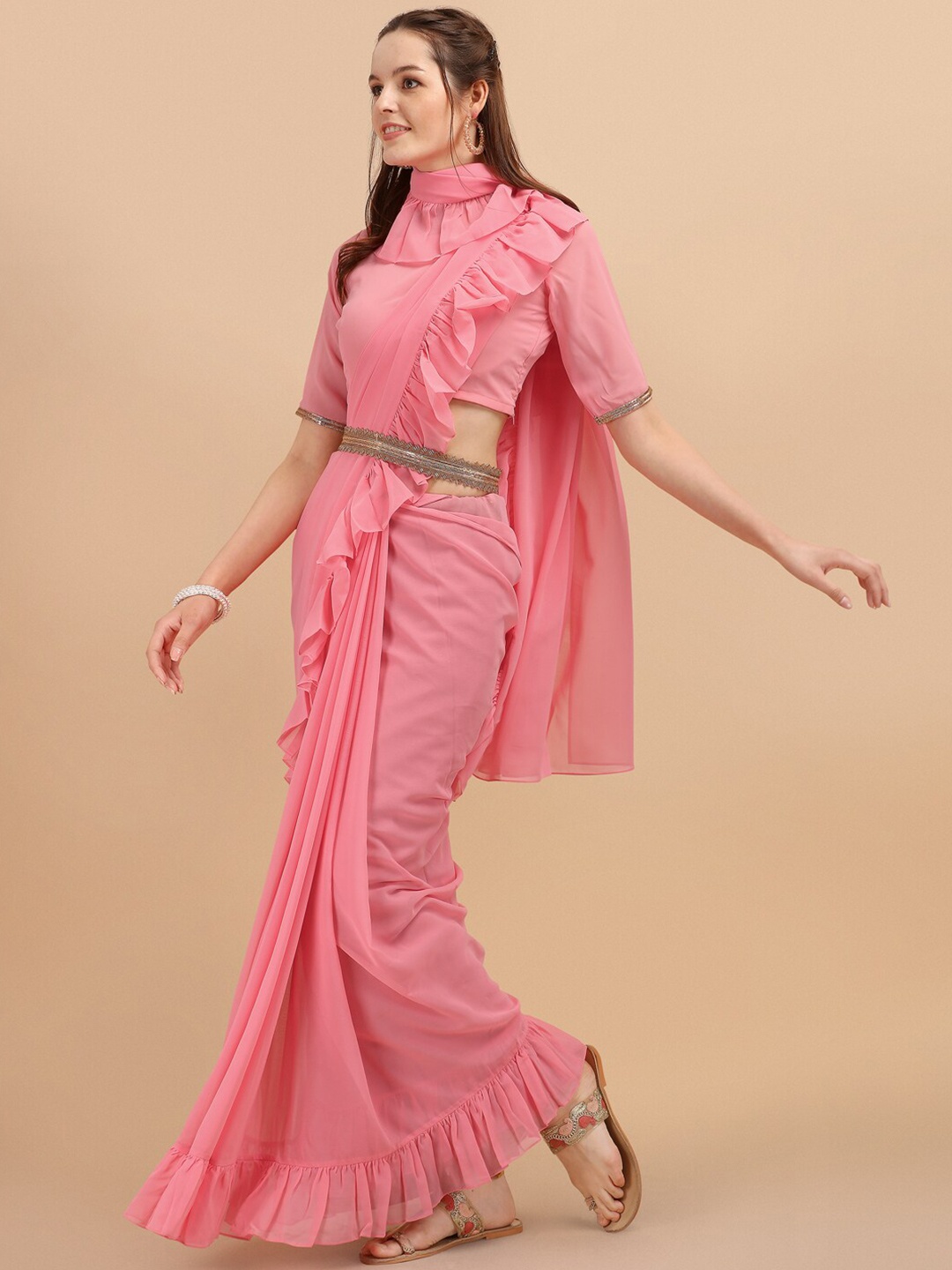 

Sangria Pink Ruffled Belted Saree