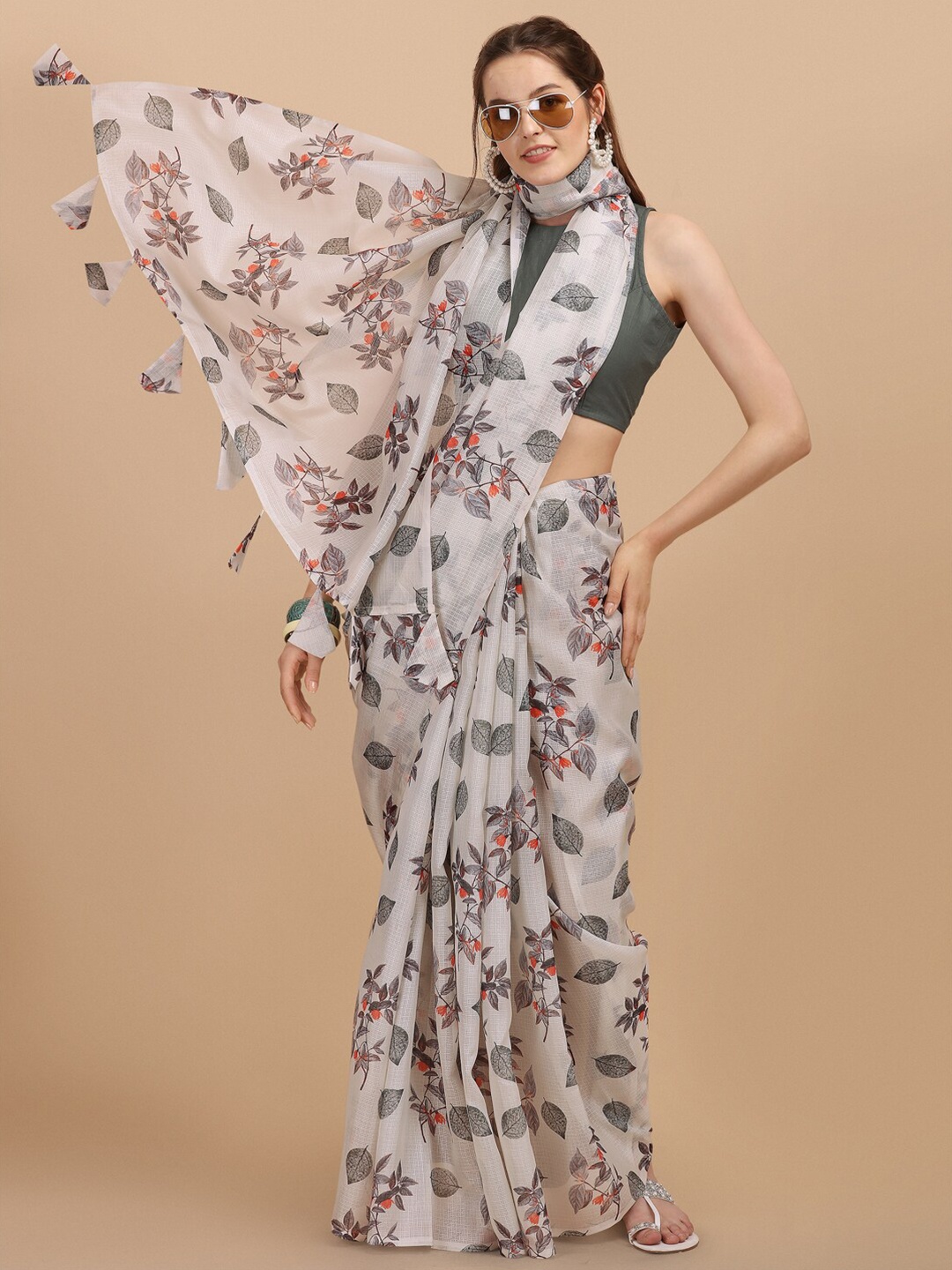 

Sangria Off White & Grey Floral Printed Jute Cotton Saree