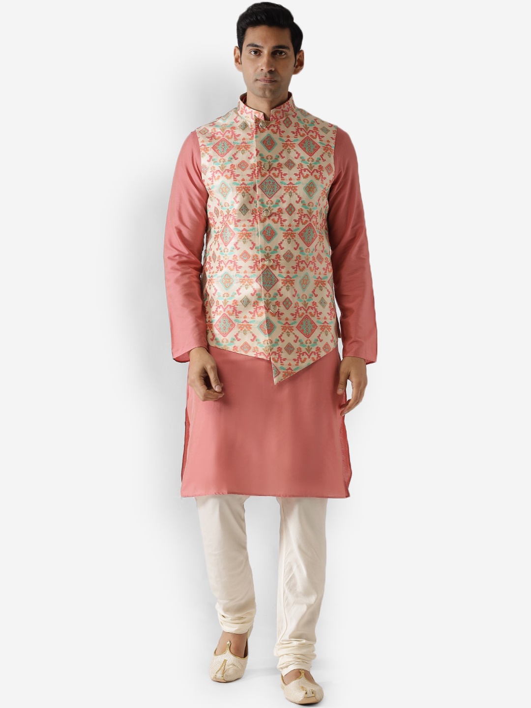 

KISAH Men Pink Kurta with Churidar With Waist Coat
