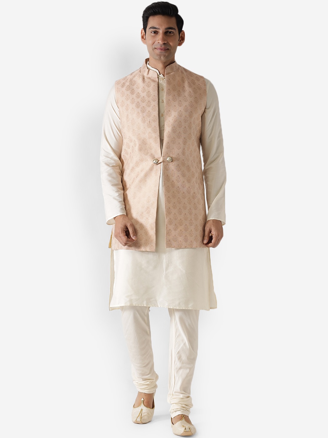 

KISAH Men Beige Embroidered Kurta with Churidar & Jacket