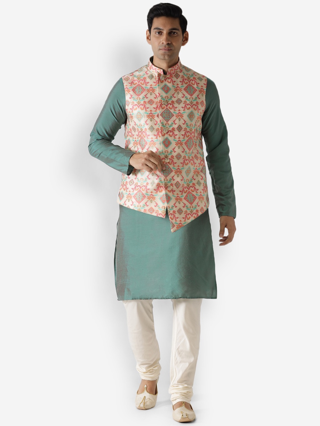 

KISAH Men Green & Off-White Kurta with Churidar & Nehru Jacket