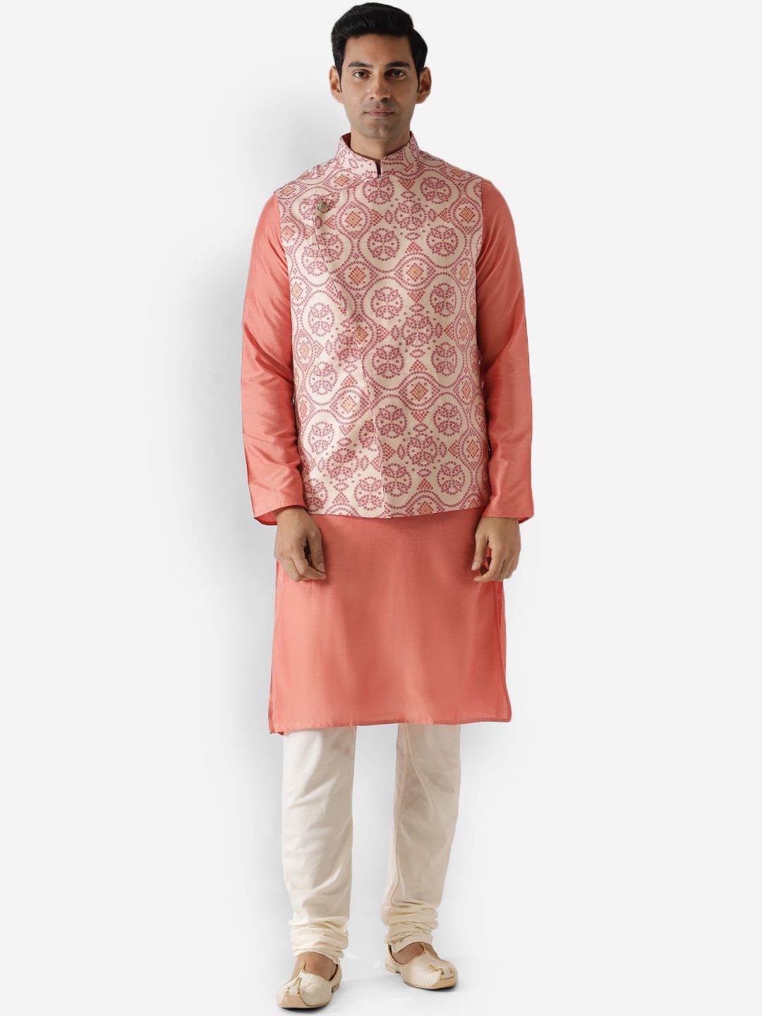 

KISAH Men Cream-Coloured Printed Kurta with Churidar & Jacket