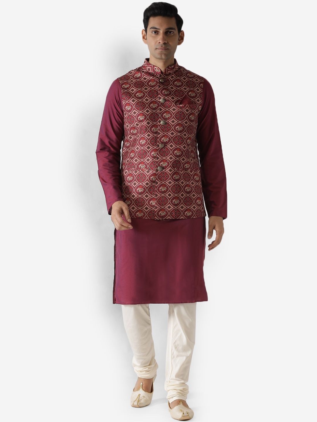 

KISAH Men Ethnic Printed Kurta & Churidar With Nehru Jacket, Burgundy