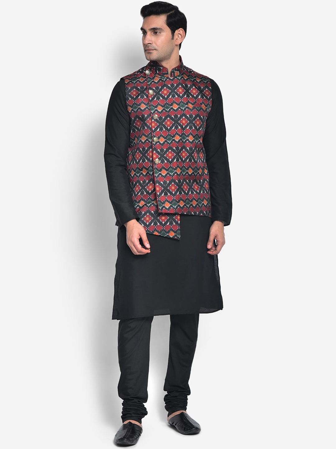 

KISAH Men Black & Red Kurta with Churidar & Nehru Jacket Set