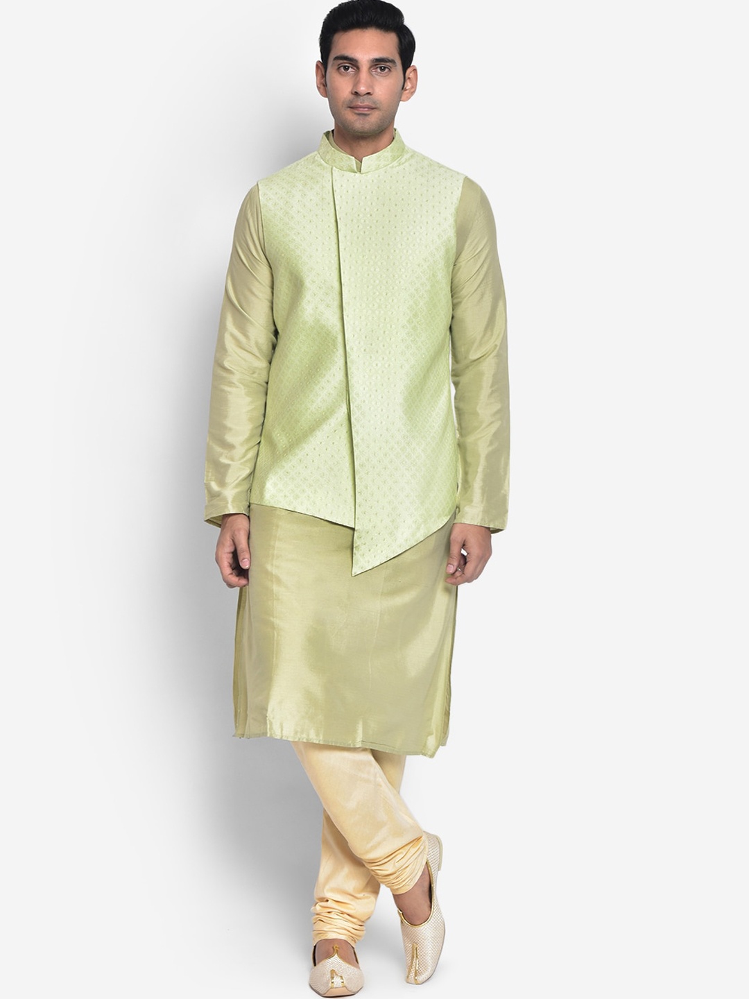

KISAH Men Olive Green Kurta with Churidar With Waistcoat