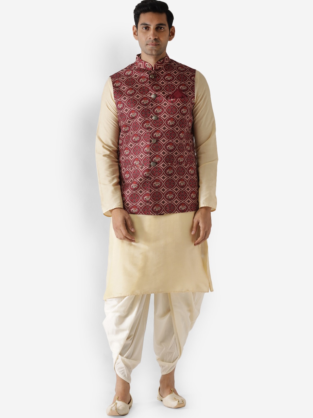 

KISAH Men Maroon Kurta with Dhoti Pants & Nehru Jacket