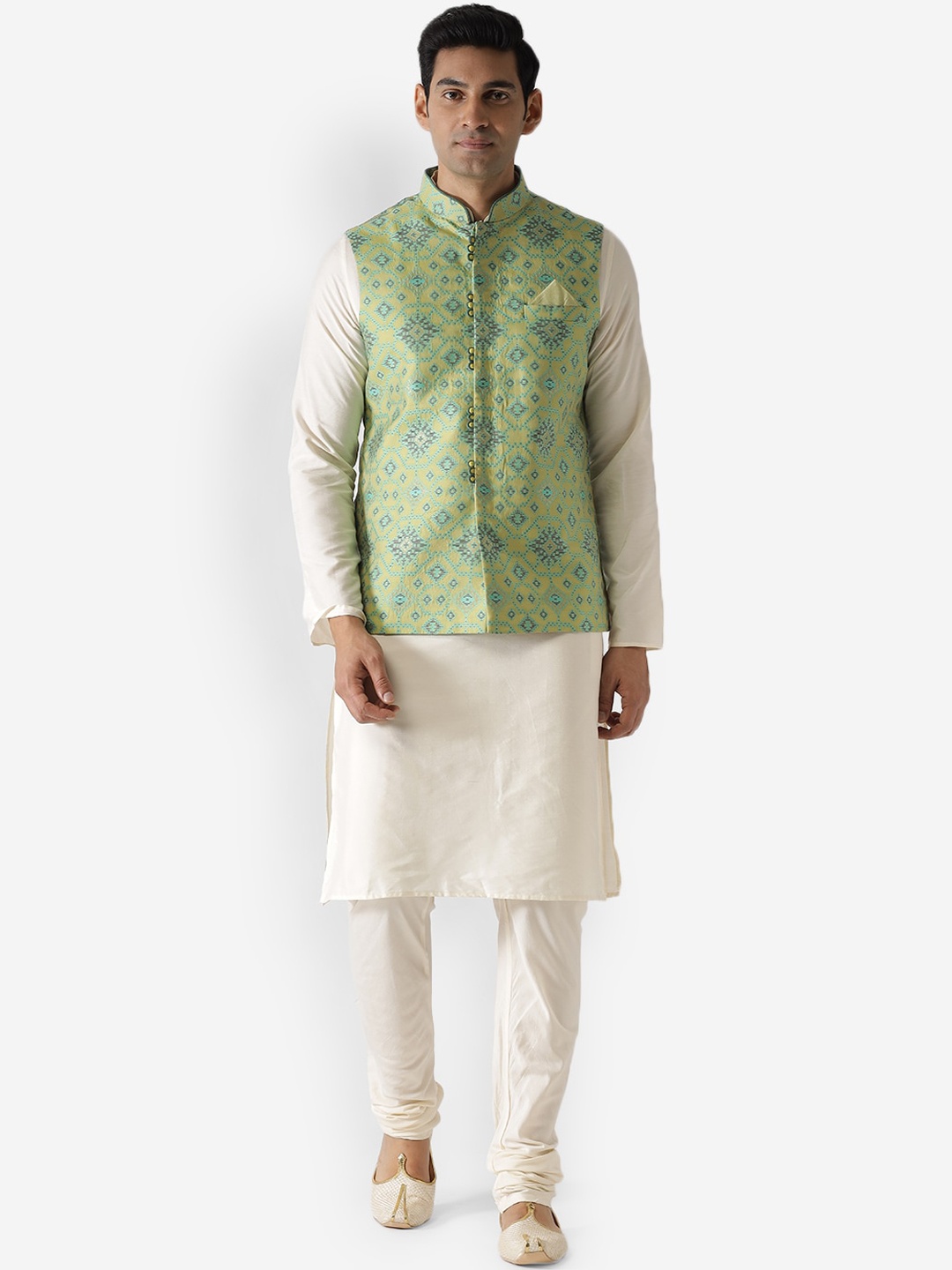 

KISAH Men Yellow Kurta with Churidar & Nehru Jacket