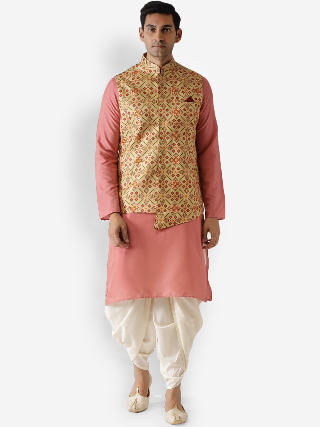 

KISAH Men Peach-Coloured & Off-White Kurta with Dhoti Pants & Nehru Jacket