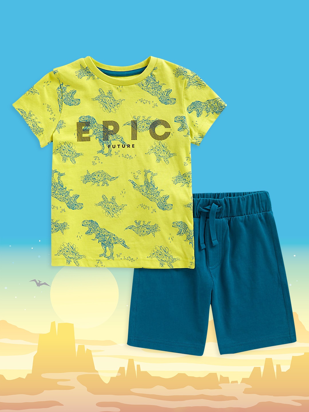 

mothercare Boys Neon Green & Teal Blue Printed Pure Cotton T-shirt with Shorts, Fluorescent green
