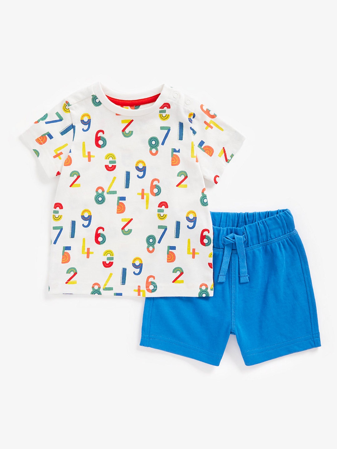 

mothercare Infant Boys White & Blue Printed Pure Cotton T-shirt with Shorts