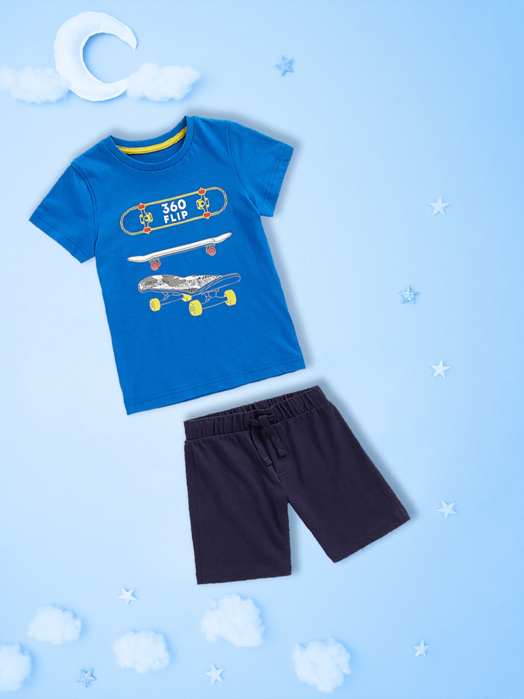 

mothercare Boys Blue & White Printed Pure Cotton T-shirt with Shorts