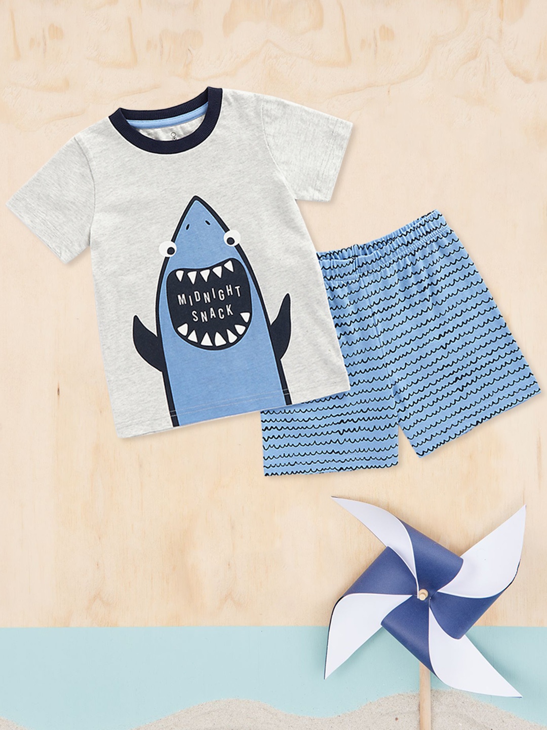 

mothercare Boys Grey & Blue Printed Pure Cotton T-shirt with Shorts