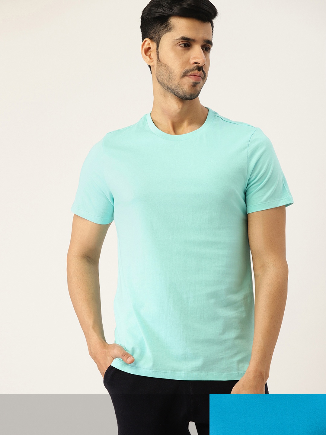 

ETC Men Pack of 2 Blue Solid Pure Cotton Lounge T-shirts