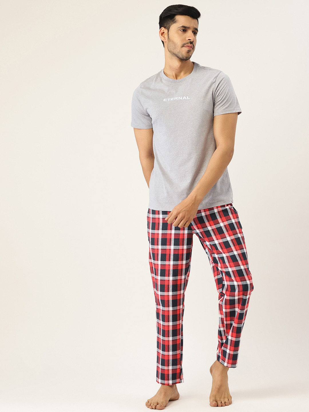

ETC Men Grey Melange & Red Checked Night suit