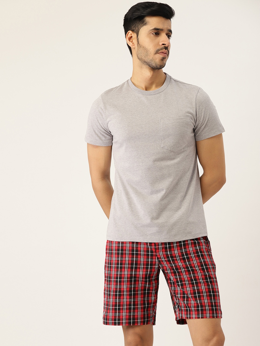 

ETC Men Grey & Red Solid Shorts Set