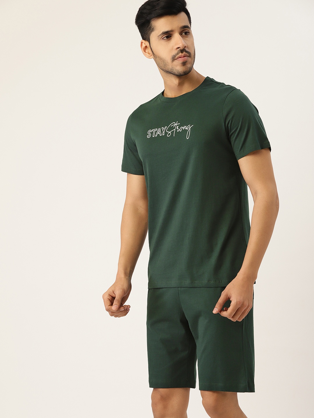 

ETC Men Green Typography Printed Pure Cotton Shorts Set