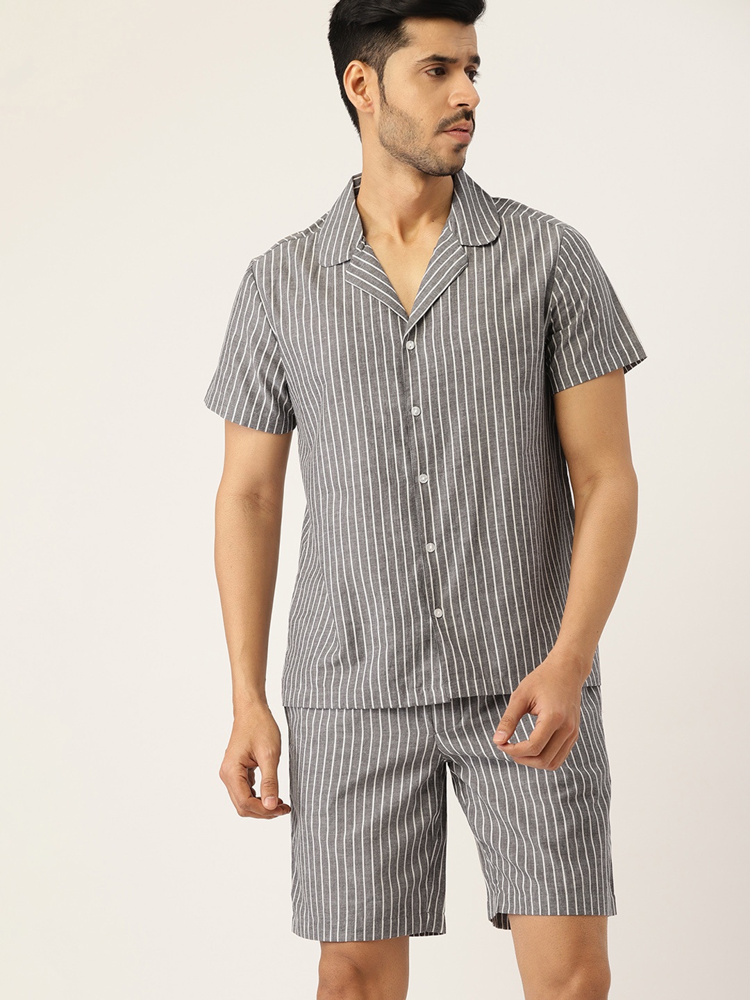 

ETC Men Grey & White Striped Pure Cotton Shorts Set