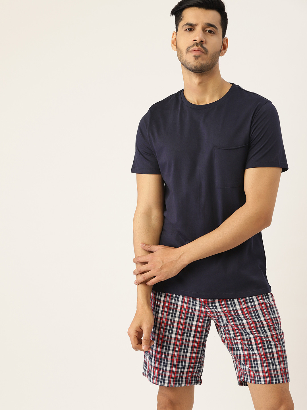 

ETC Men Navy Blue & Red Pure Cotton Night suit