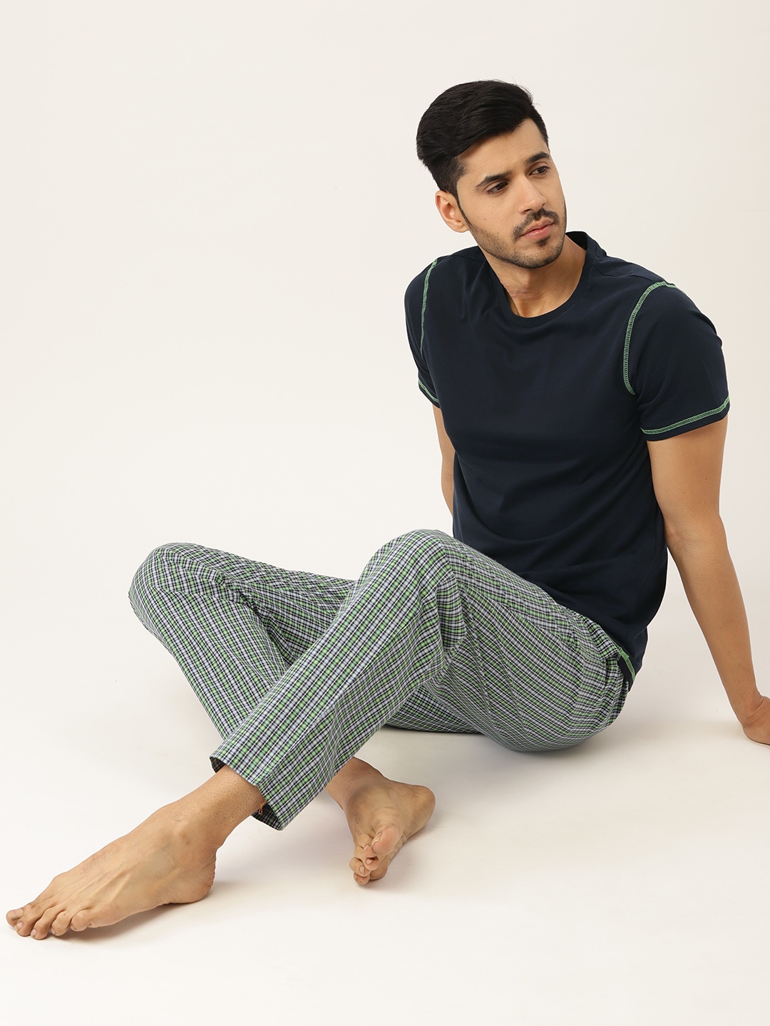 

ETC Men Navy Blue & Green Pure Cotton Night suit