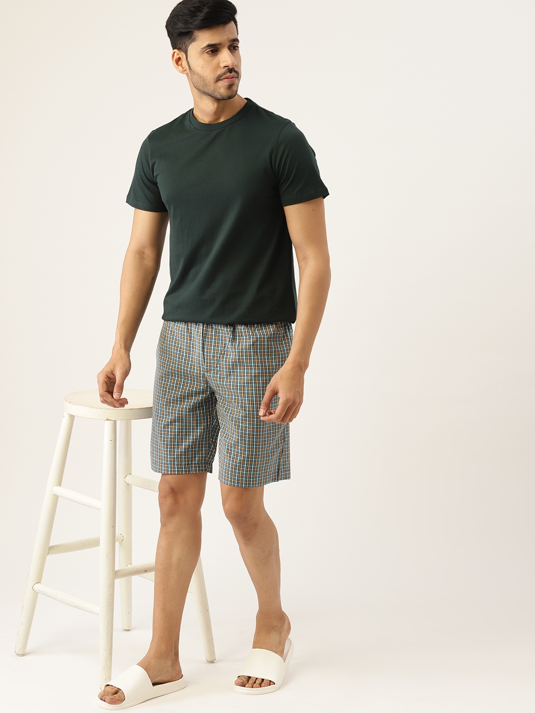 

ETC Men Blue & Mustard Yellow Pure Cotton Checked Lounge Shorts