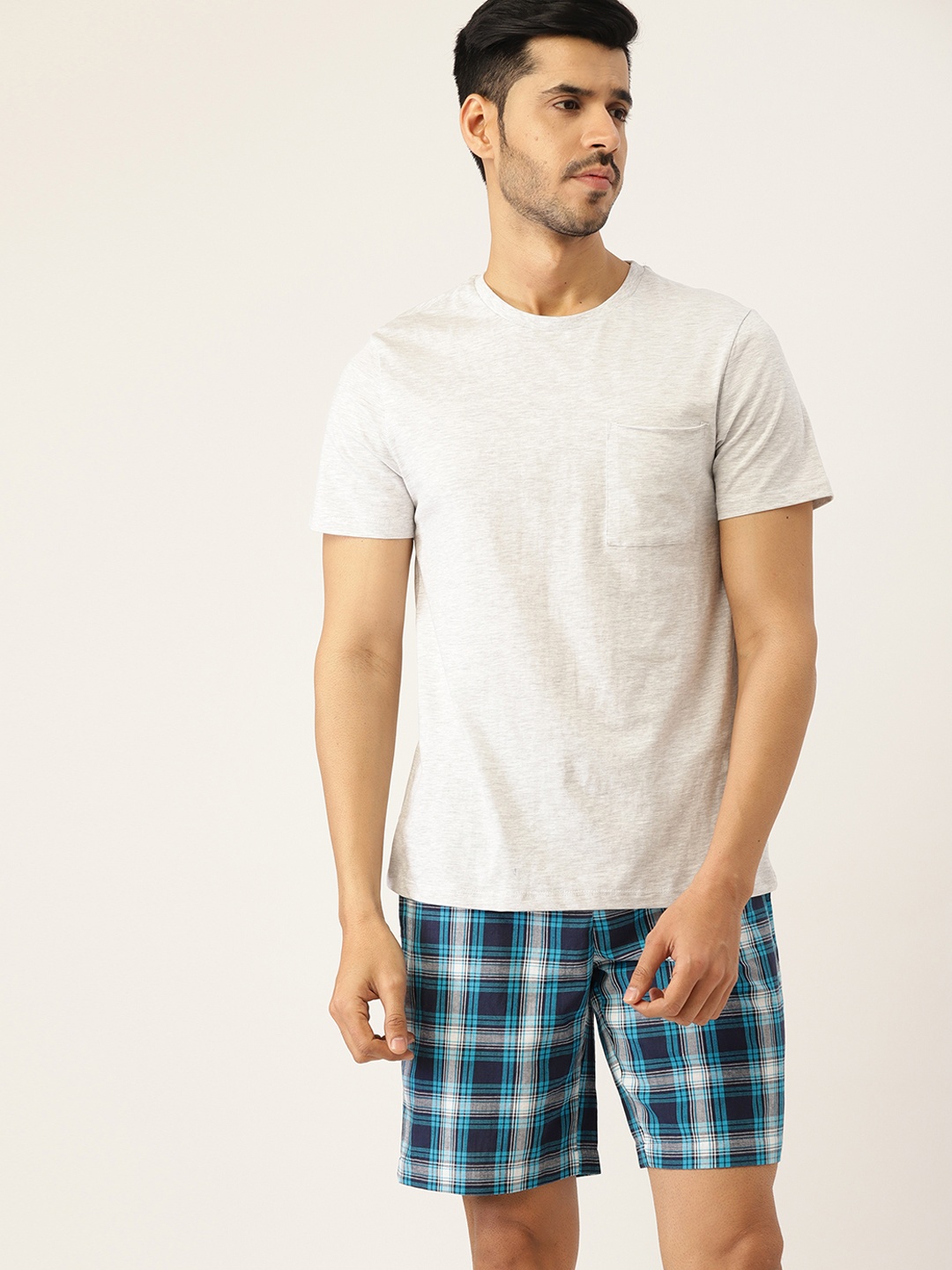 

ETC Men Off White & Blue Checked Short Set
