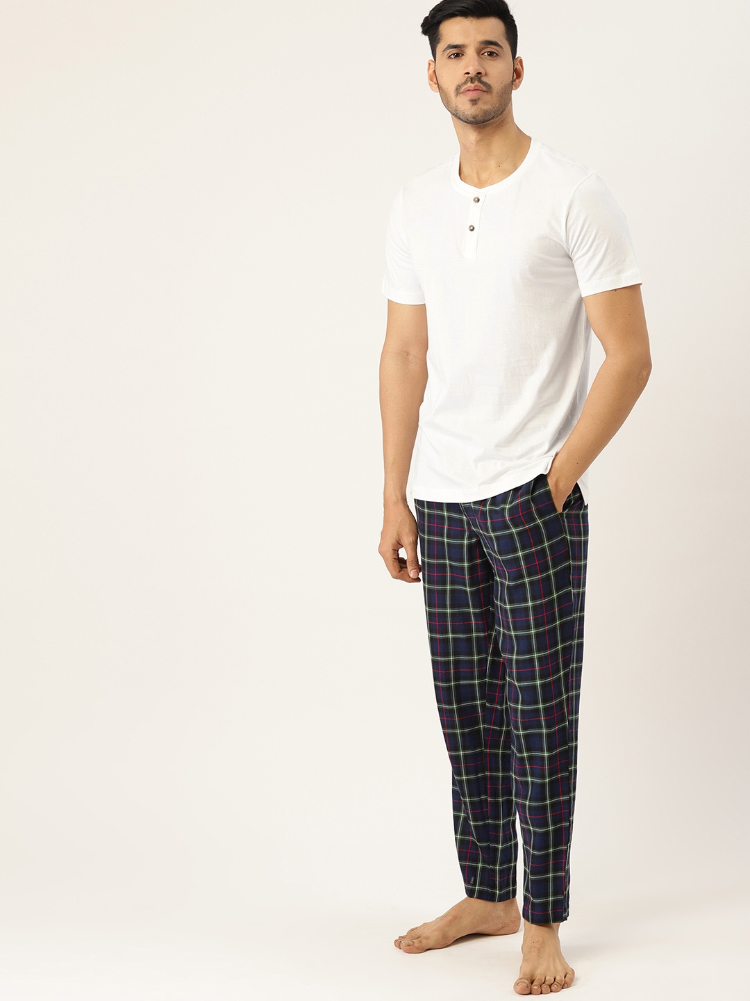 

ETC Men White & Navy Blue Checked Pure Cotton Night suit