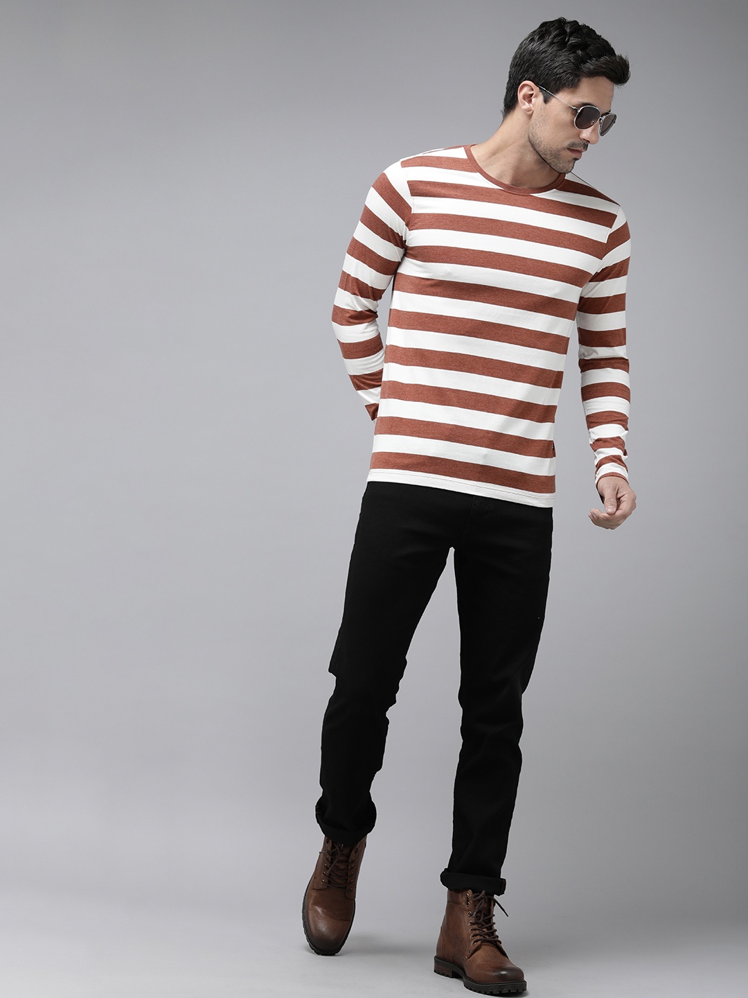 

The Roadster Lifestyle Co. Men Striped Long Sleeves Round Neck T-shirt, White