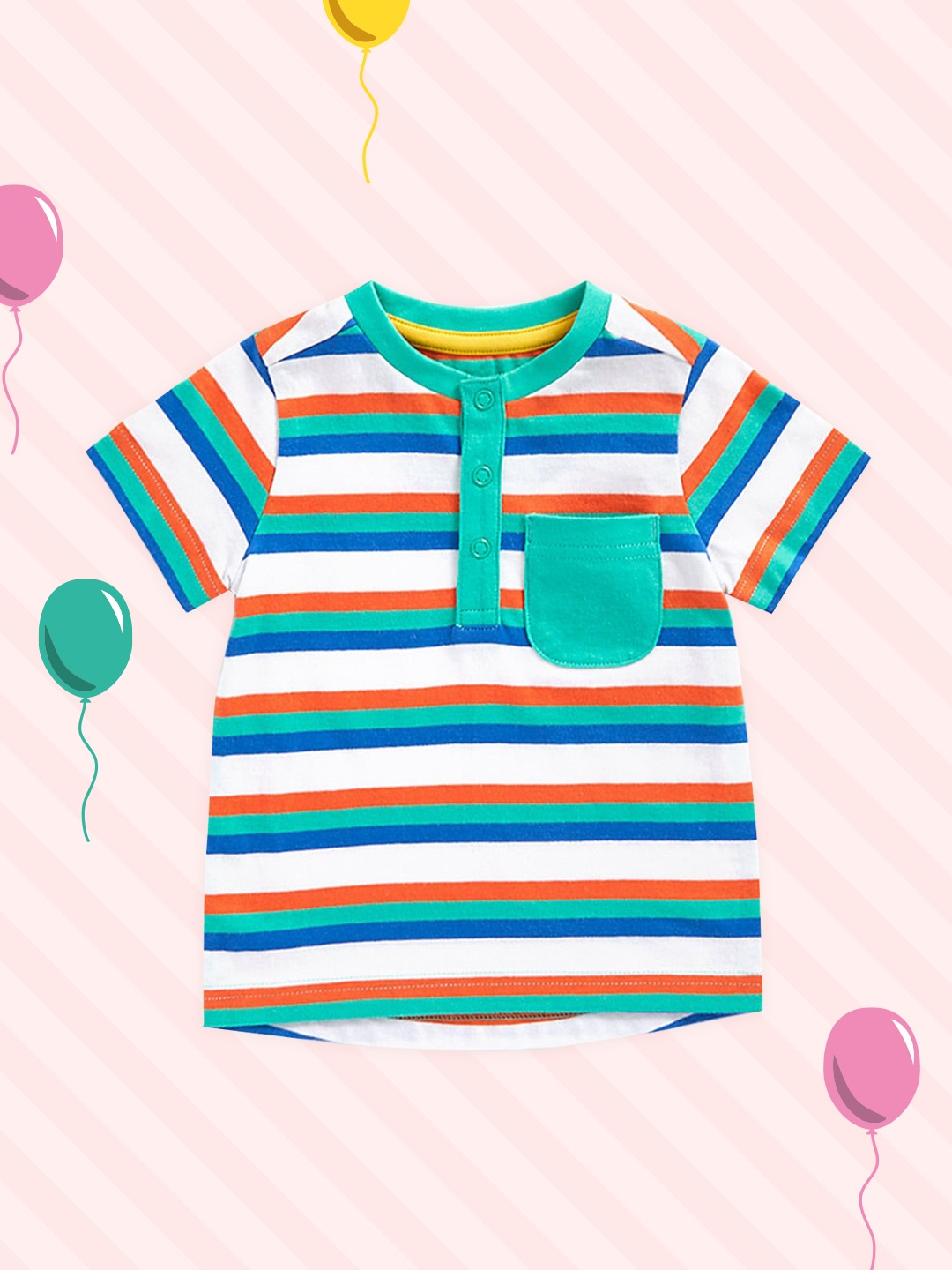 

mothercare Infant Boys White & Green Striped Henley Neck Pure Cotton T-shirt