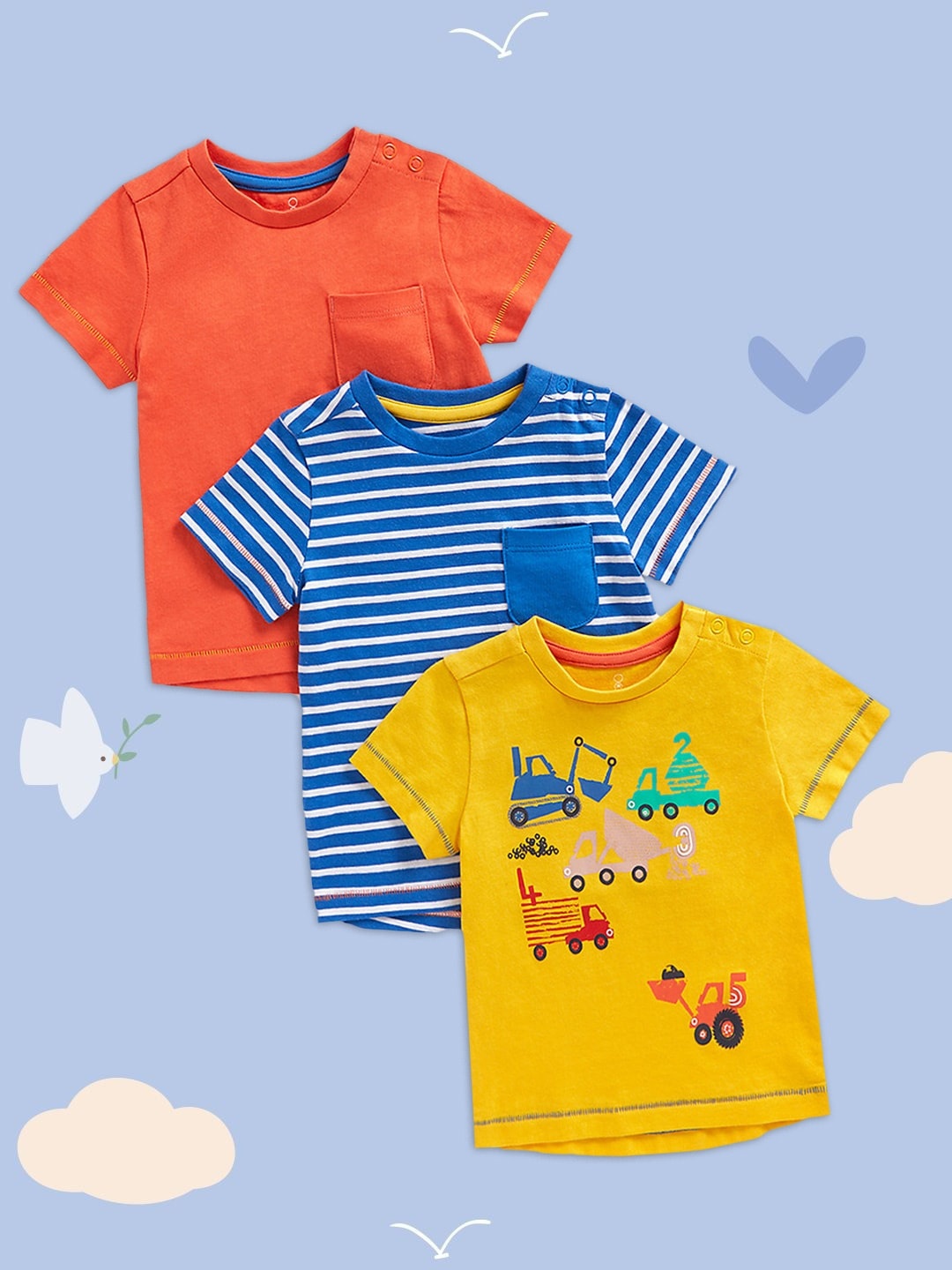 

mothercare Infant Boys Pack of 3 Pure Cotton T-shirt, Coral