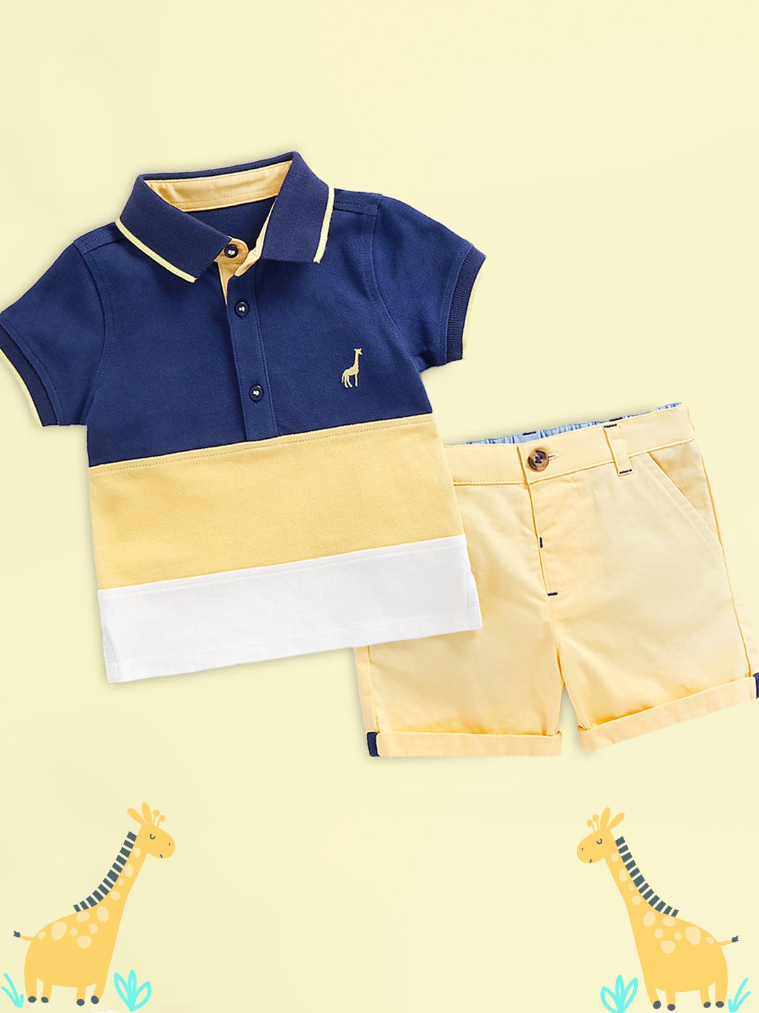 

mothercare Boys Navy Blue & Yellow Colourblocked T-shirt with Shorts