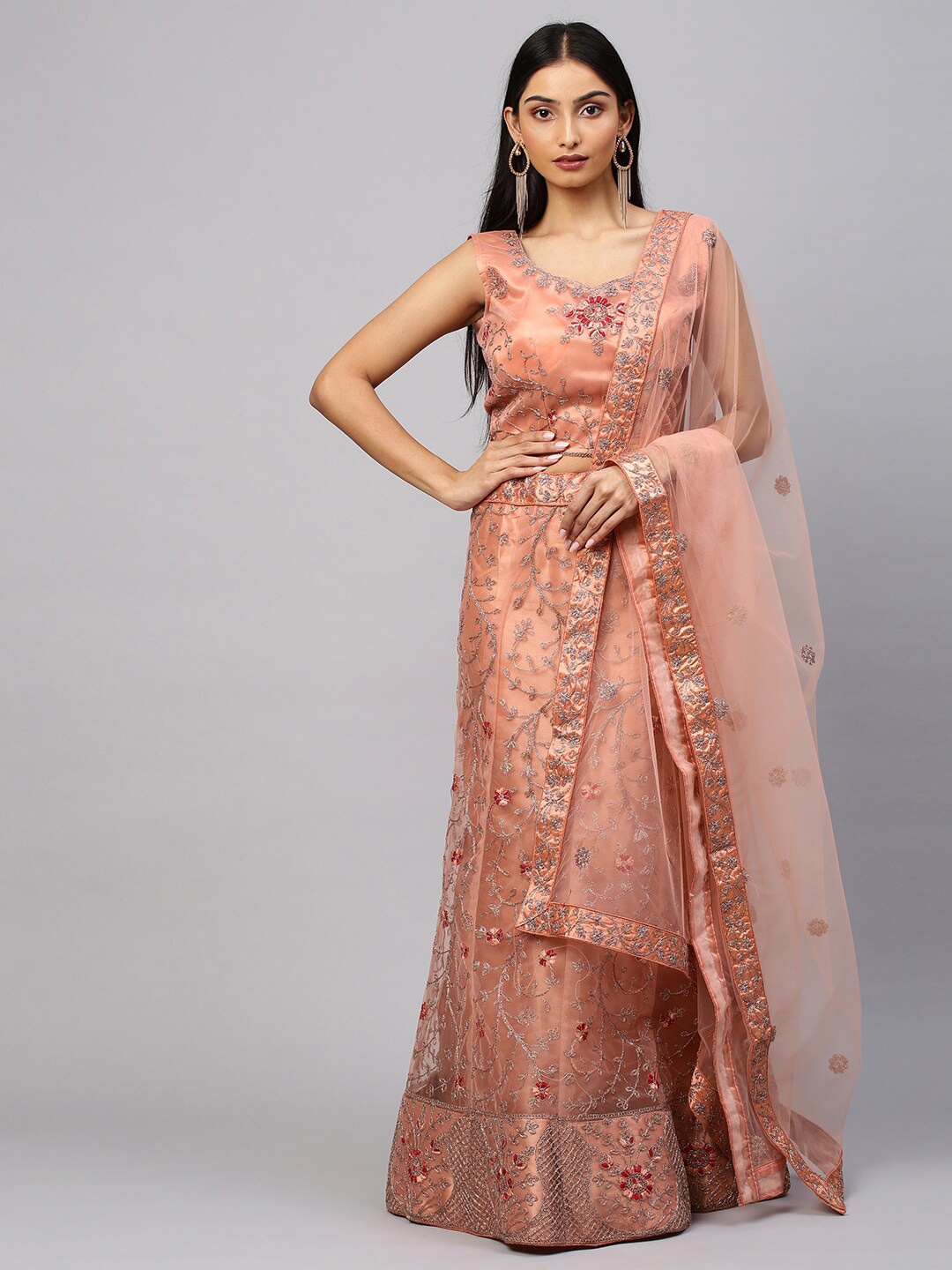 

Rajesh Silk Mills Women Peach Semi Stitched Lehenga Choli with Dupatta