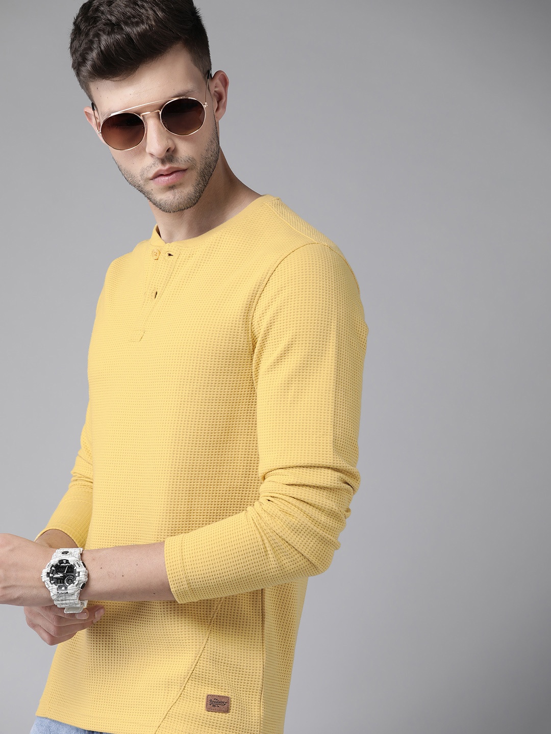 

Roadster Men Yellow Henley Neck T-shirt