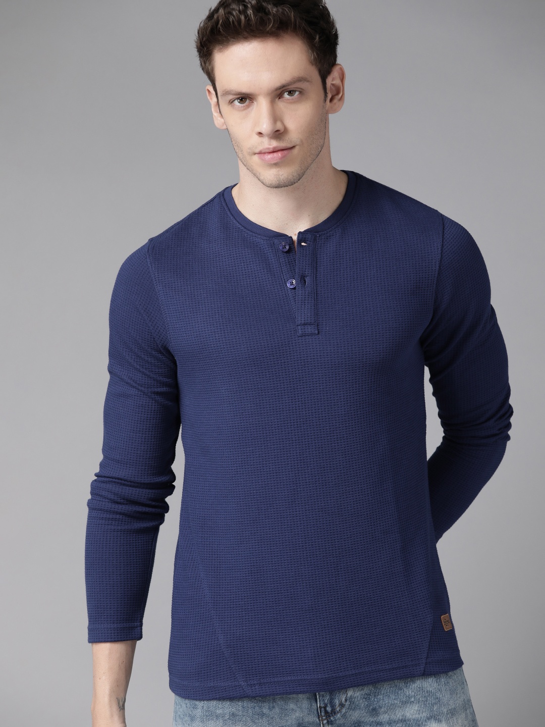 

Roadster Men Navy Blue Textured Henley Neck T-shirt