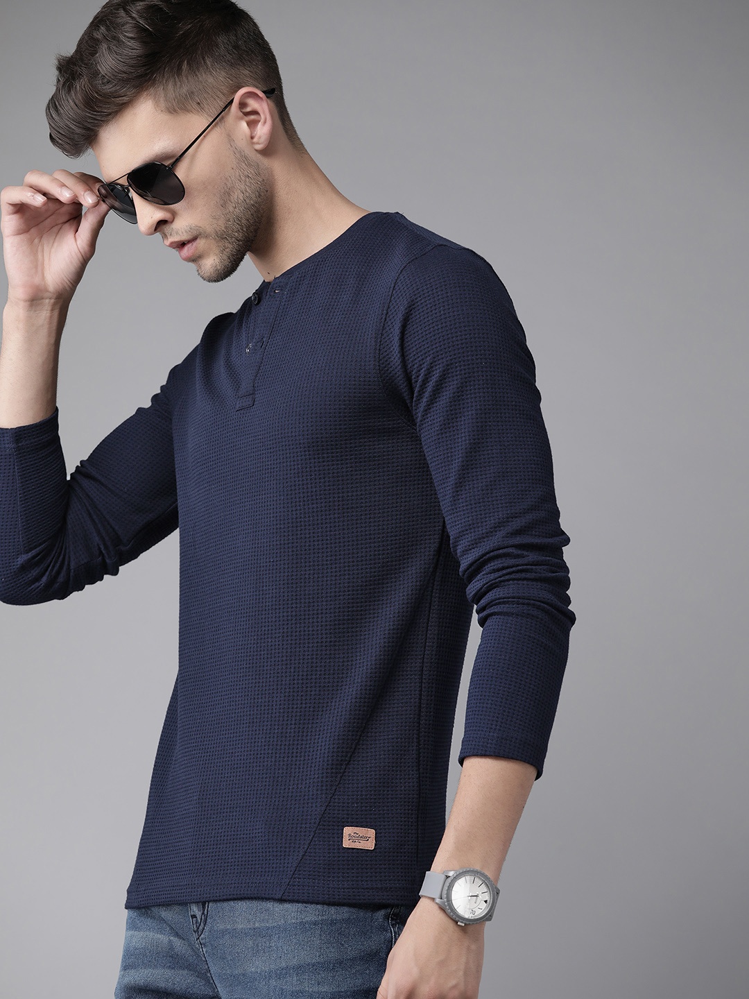 

Roadster Men Navy Blue Henley Neck T-shirt