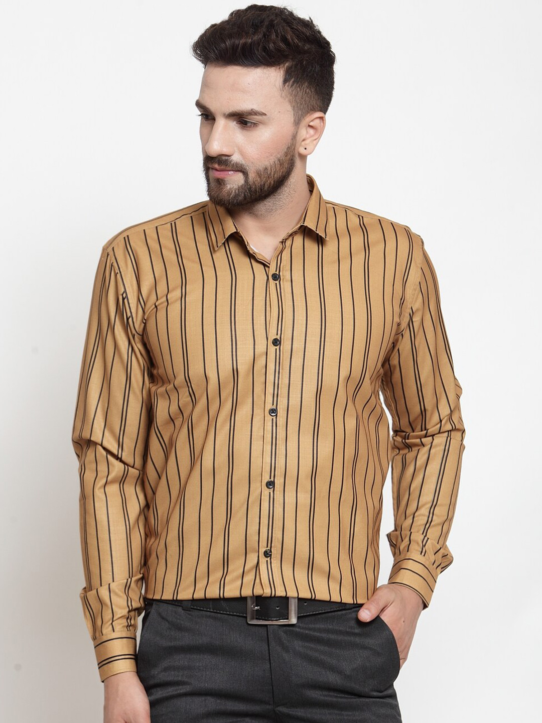

JAINISH Men Mustard Yellow Classic Striped Slim Fit Formal Shirt