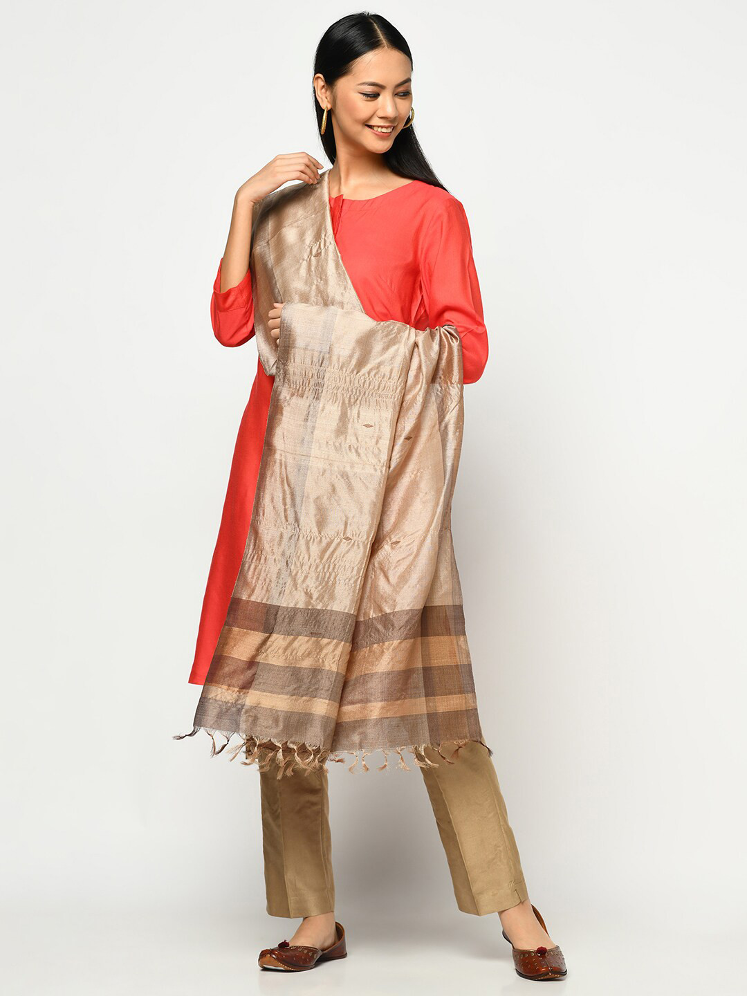

Fabindia Beige Solid Pure Silk Dupatta With Tassels