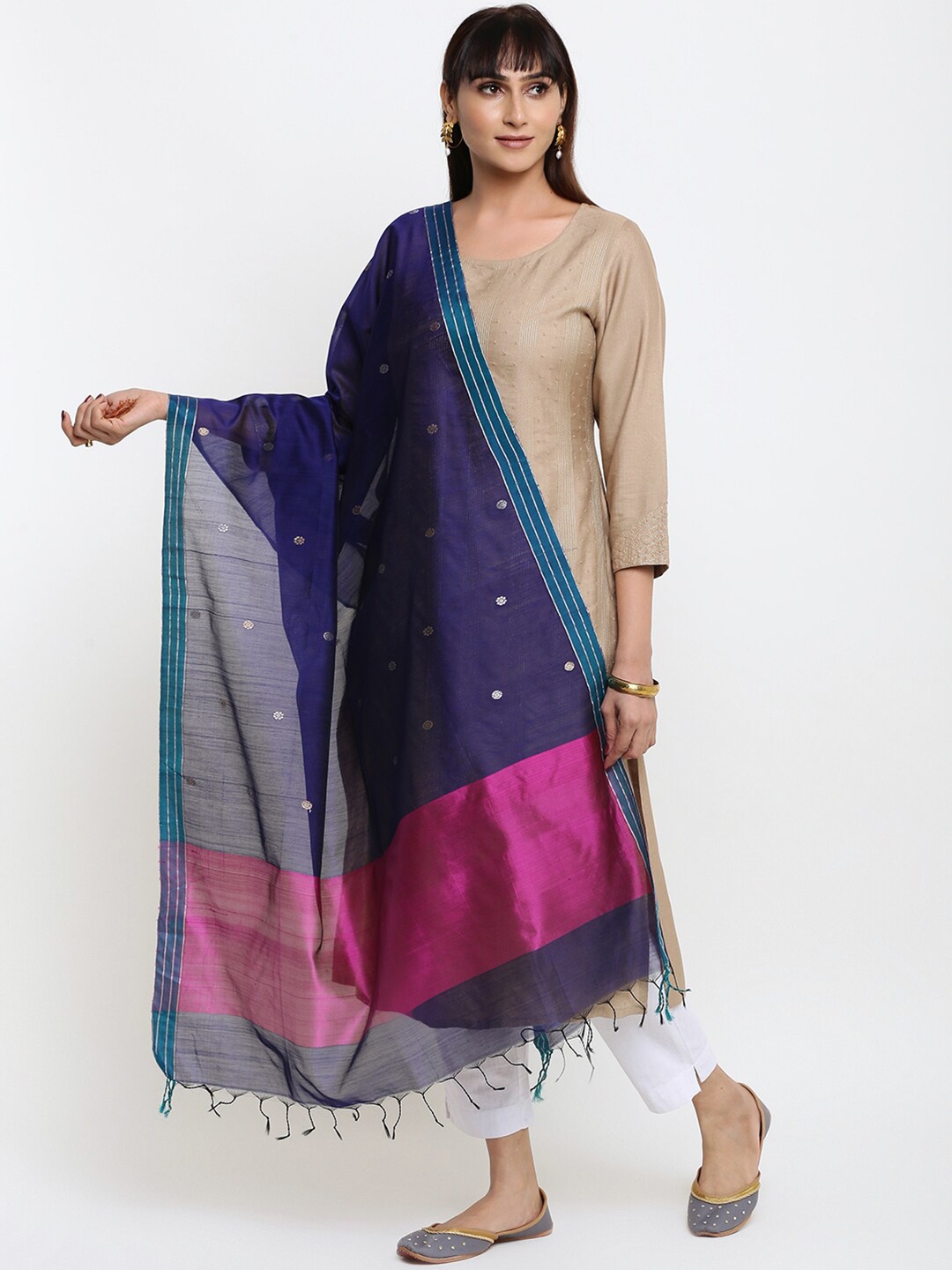 

Fabindia Women Navy Blue & Magenta Ethnic Motifs Woven Design Cotton Silk Dupatta