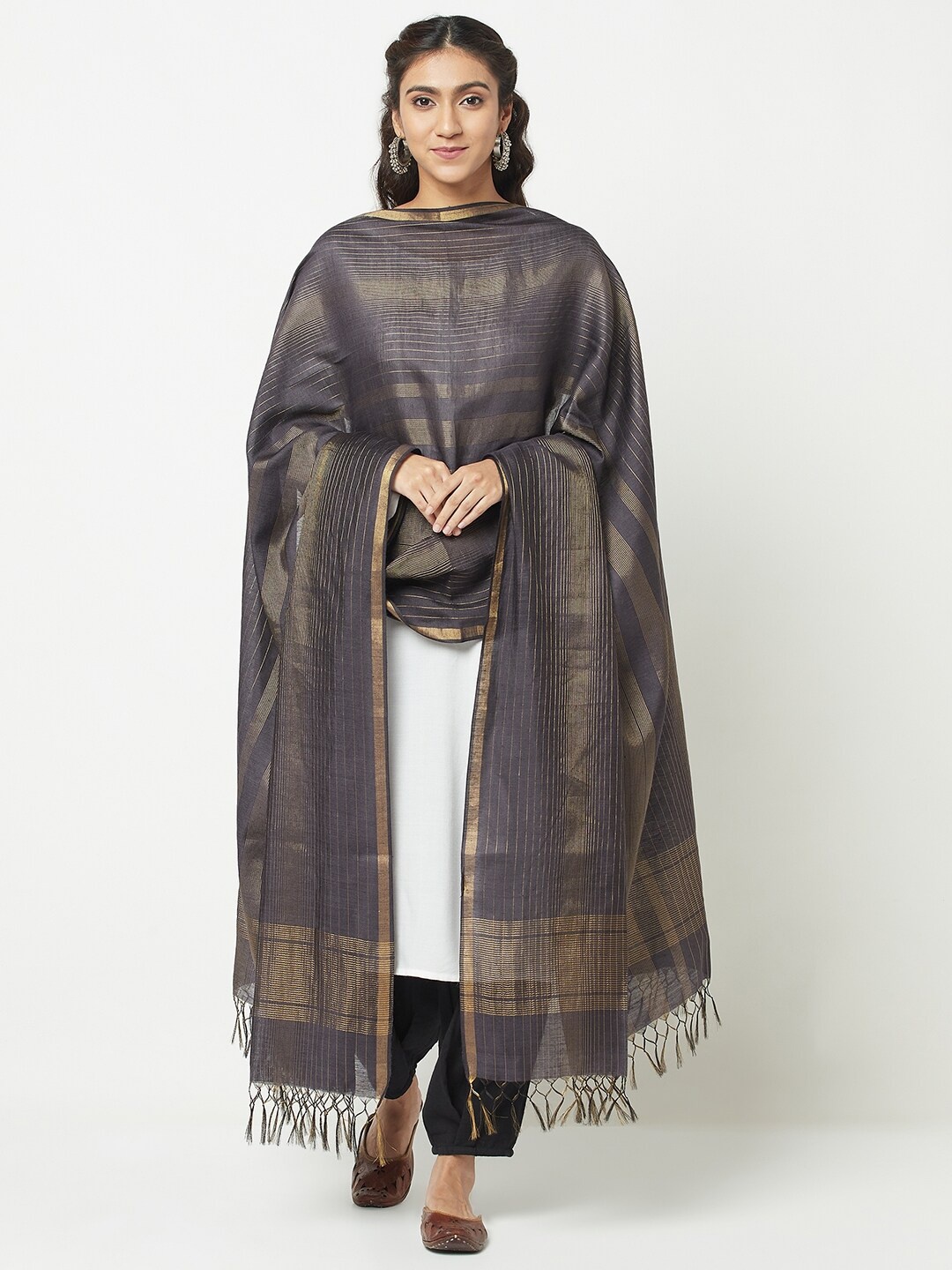 

Fabindia Women Black & Grey Striped Pure Silk Dupatta