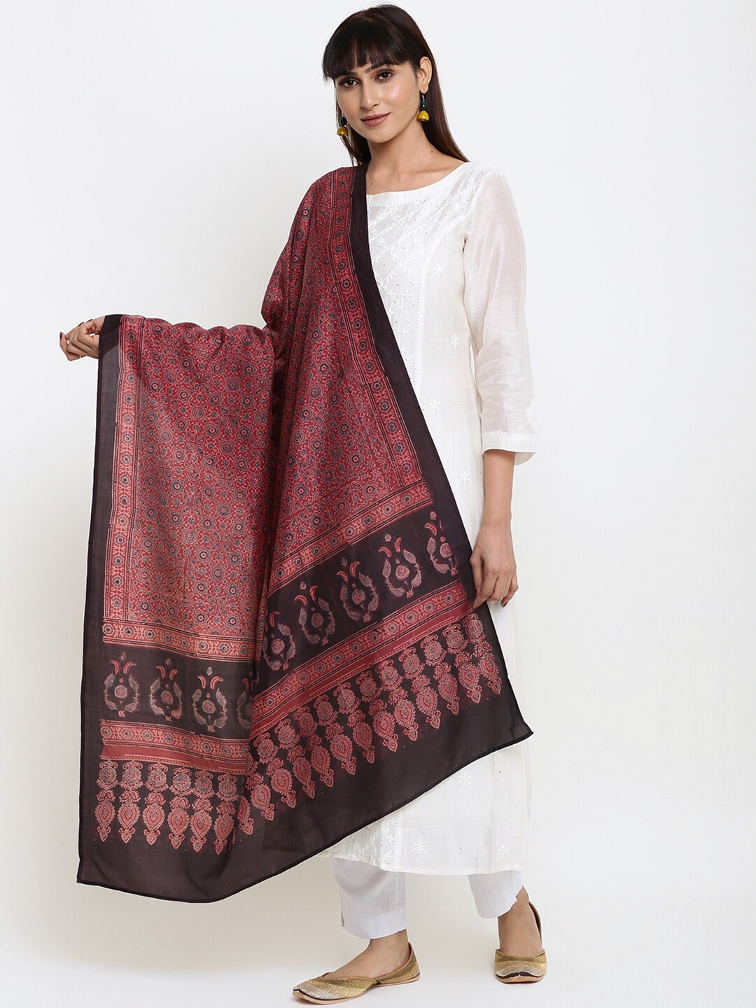 

Fabindia Women Maroon & Black Printed Pure Silk Dupatta